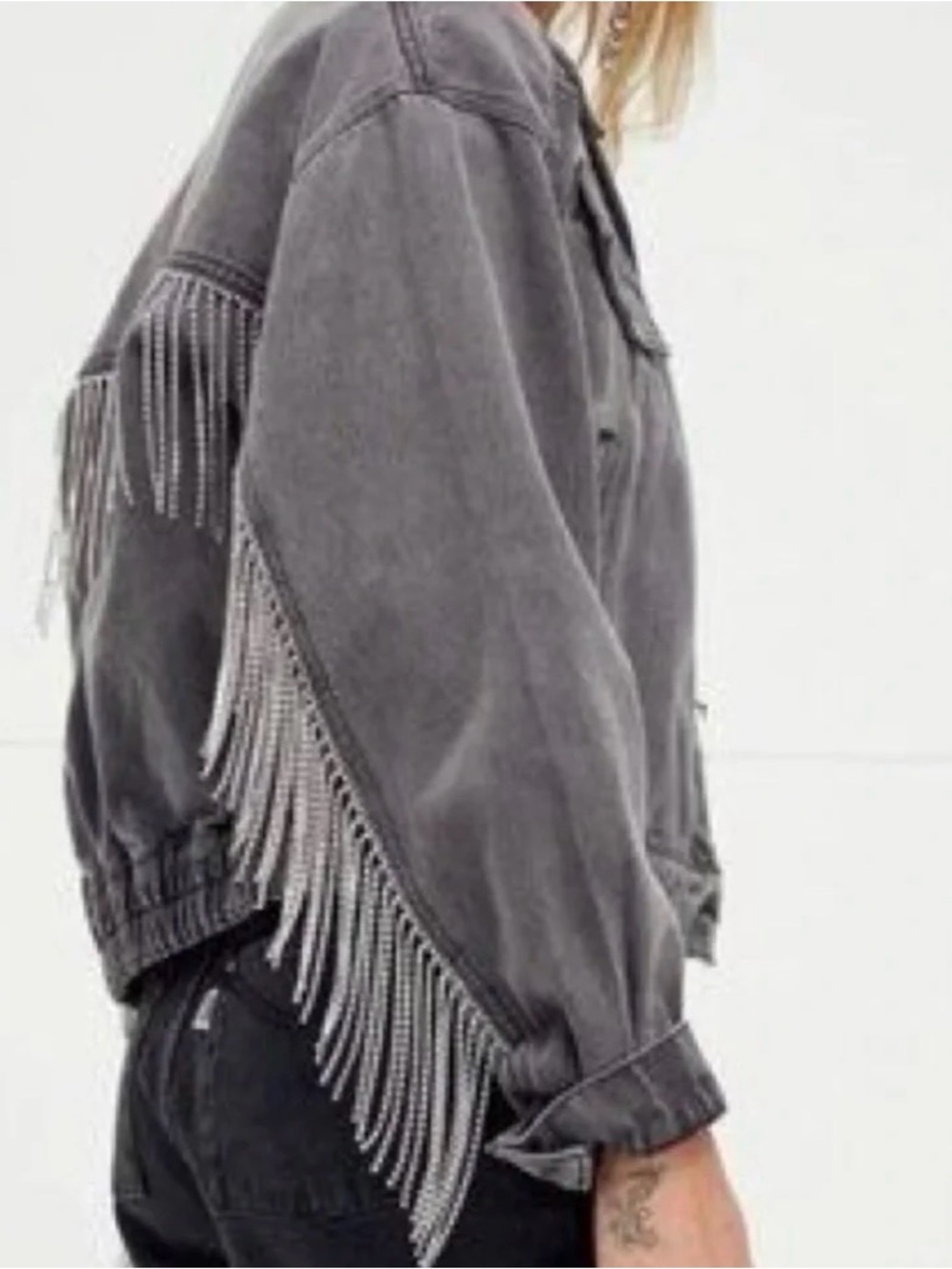 We The Free Washed Black Fringe Denim Jacket